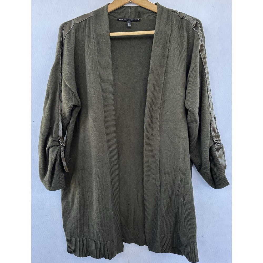 White House Black Market Wool Cardigan Roll Tab Women L Olive Green Excellent